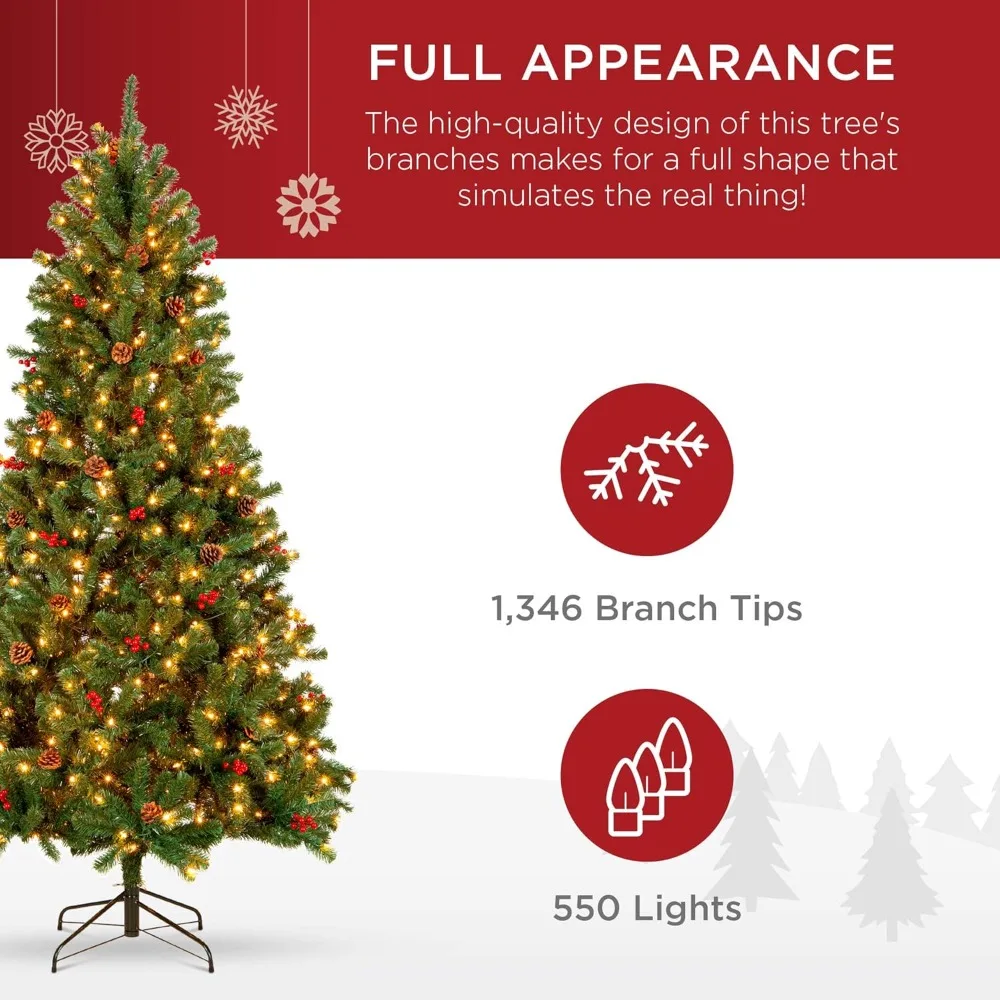 

7.5ft Pre-Lit Pre-Decorated Spruce Hinged Artificial Christmas Tree w/ 1,346 Tips, Pinecones, Berries