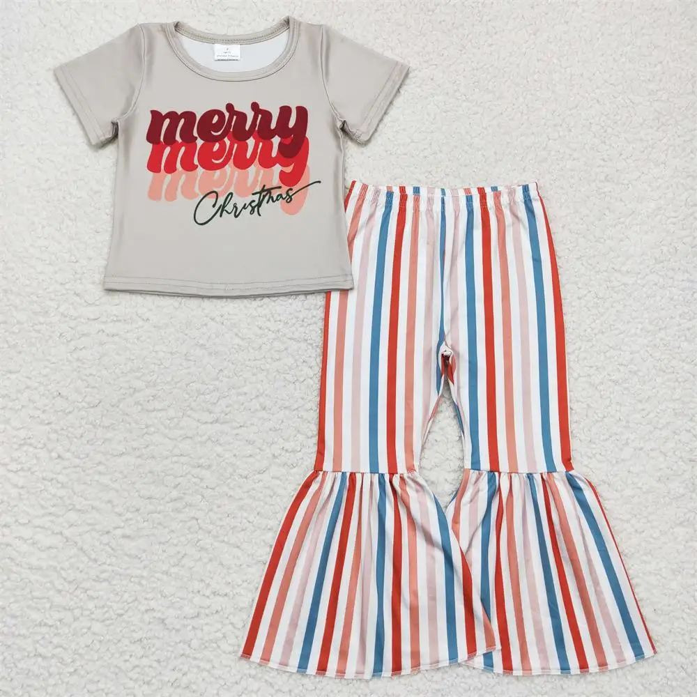 

Wholesale Toddler Baby Girl Outfit Children Colorful Stripes Bell Pants Clothing Merry Christmas Kids Short Sleeves Shirts Set