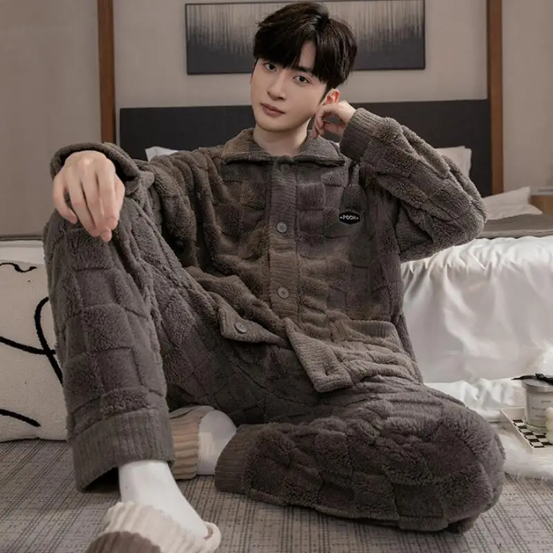 

2025 Men's Pajamas Autumn Winter Padded and Thickened 2Pcs/set Warm Long-Sleeved Trousers Coral Fleece Homewear Men's Clothing