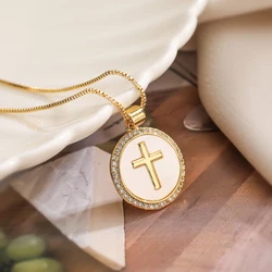 NEWBUY Fashion Gold Color Round Cross Virgin Mary Pendant Necklaces For Women Shiny CZ Zircon Inlay Christian Jewelry