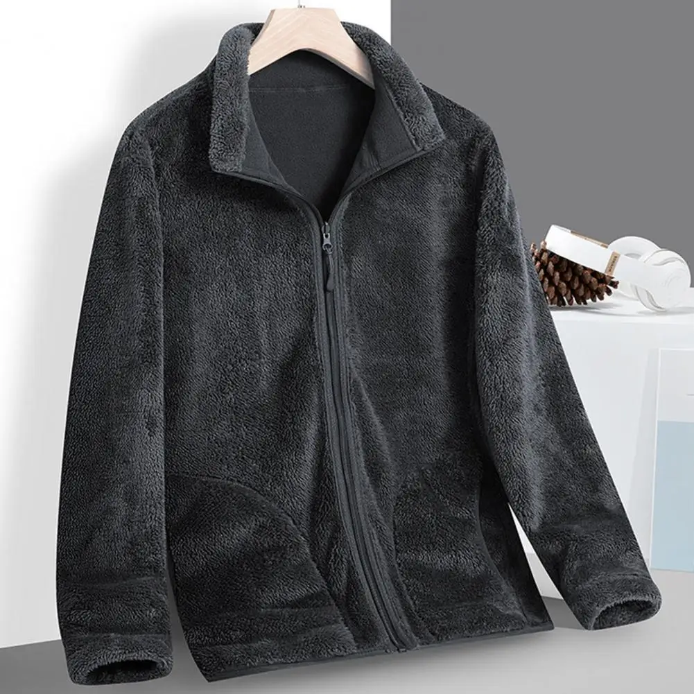 Men Pockets Coat Versatile Men's Lapel Fleece Jacket Warm Stylish Functional Outerwear for Autumn Winter Solid Color Men Jacket