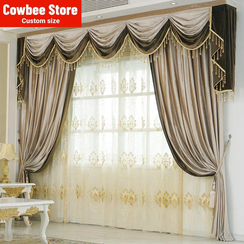 

European Italian velvet curtains for living room bedroom high-end palace luxury color-blocking curtain head valacne customize