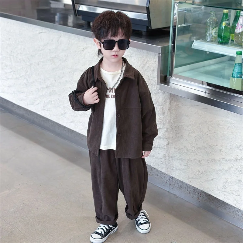 소년 봄, 가을 복장 세트 2025 새로운 시원하고 잘 생긴 코듀로이 재킷 + 바지 캐주얼 소년 2 피스/세트 아동 의류