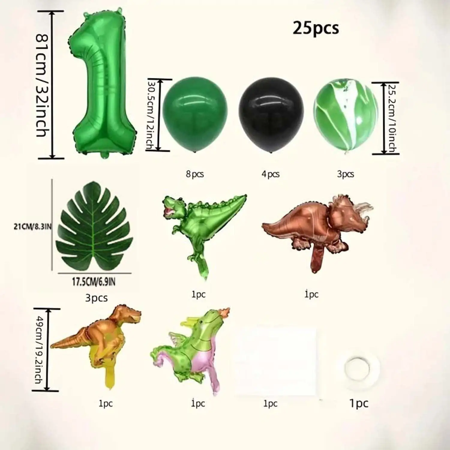 25-teiliges Grünes Dschungel-Dinosaurier-Dekorationsset für Jungen-Geburtstagsfeier, Zahlenballon, Säule, Tyrannosaurus Rex, Feuerdrache – Detail 1