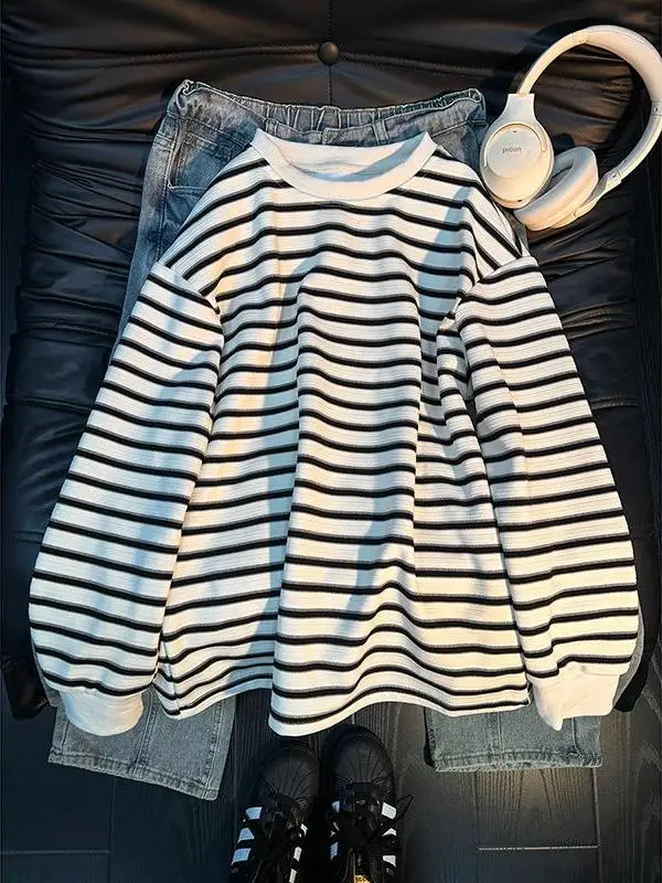 

Bla White Striped Color Blo round Ne Long Sve Men's Sweatirt Base Layer T-irt Cleanfit Spring Autumn Youth Sle