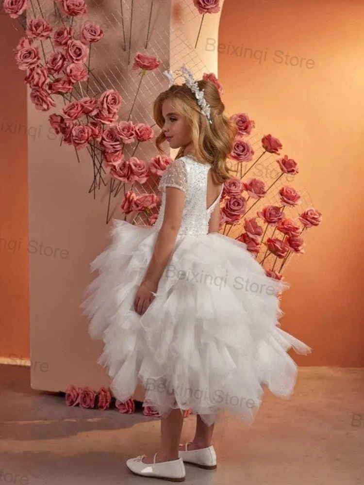 White Girls Elegant Dresses New Product String Beads Fluffy Formal Occasion Girl Birthday Tulle Appliques Lace Prom Party Gown