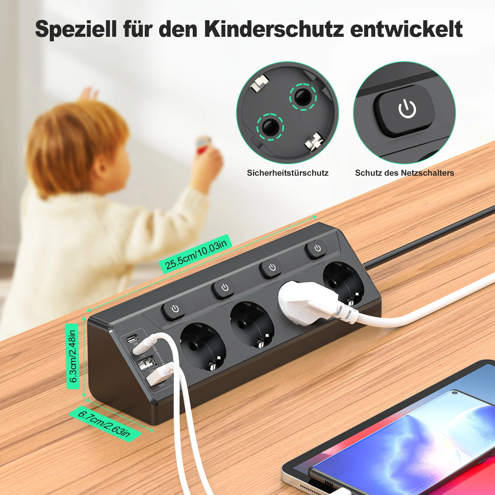 Euro Specification Multi-plug Desktop Power Board 2 USB-A and 2 Type-C Corner Power Sockets Independent Switch Surge Protectors - view 5