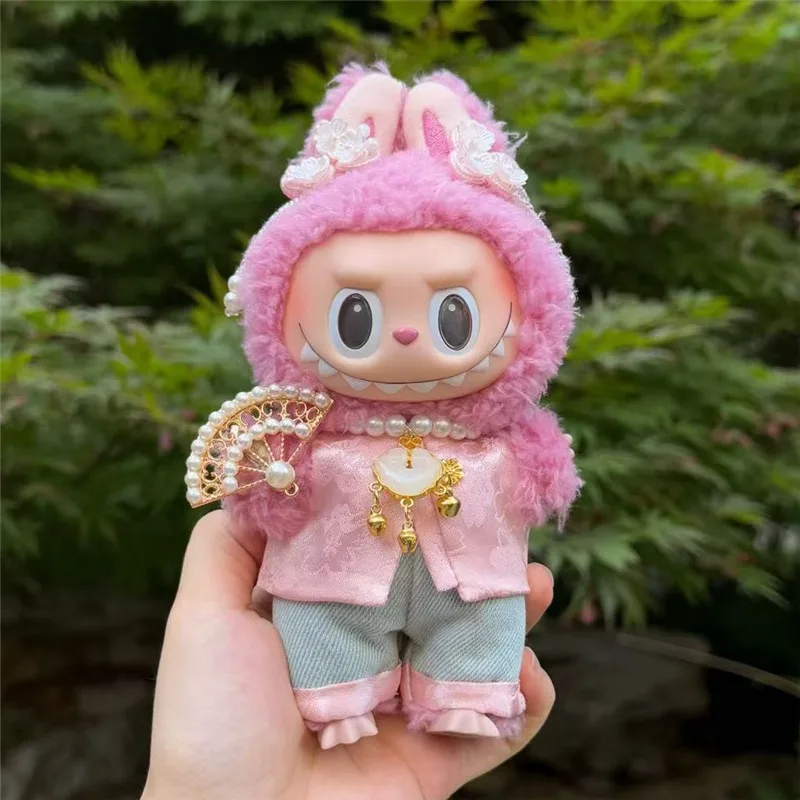 15 17cm para boneca labubu estilo chinês roupas rosa bordado roupa calças conjunto de malha pingente flor acessório de cabelo