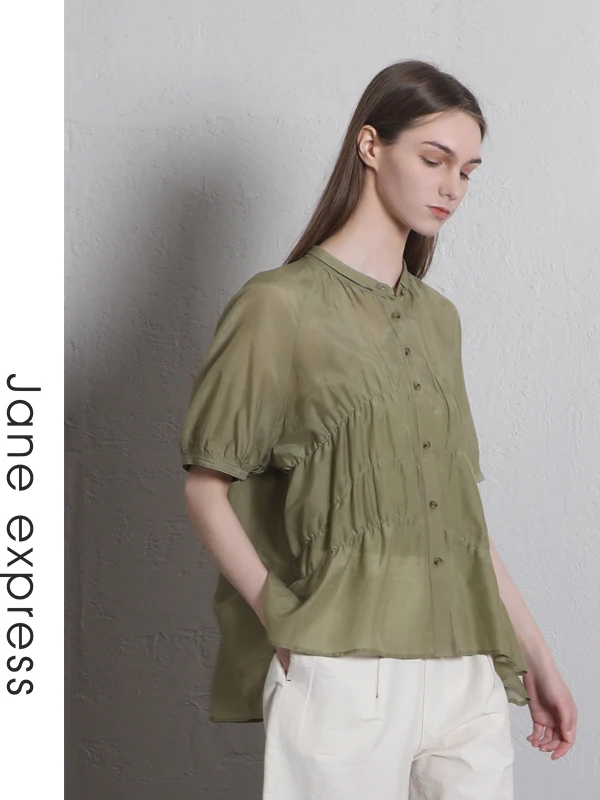 

Jane Expr Summer 2024 ort Sve Commute Versatile Cotton Silk Blend irt Stand Collar Regular Fit Pure Color Button Pl...
