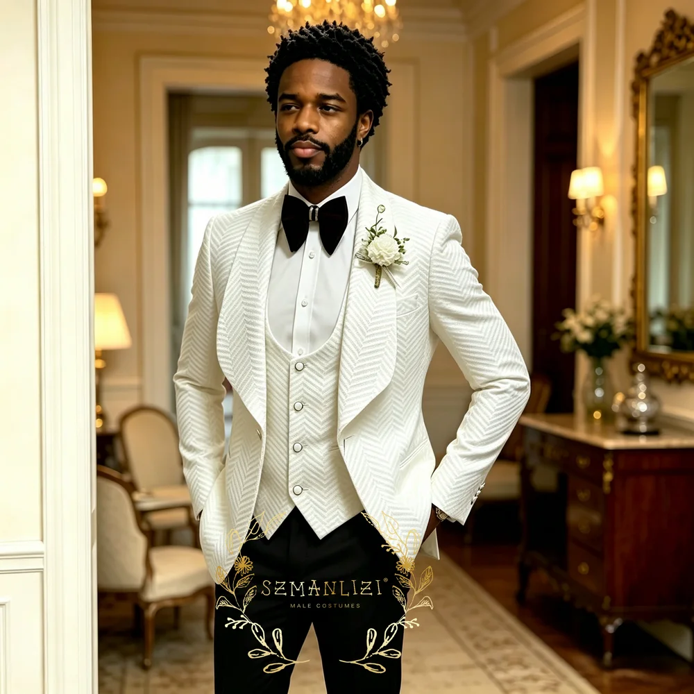 

White Plaid Wedding Tuxedos 3 Pieces Shawl Lapel Men Suits Slim Fit Groom Blazer Trousers Vest Set Formal Attire costume homme