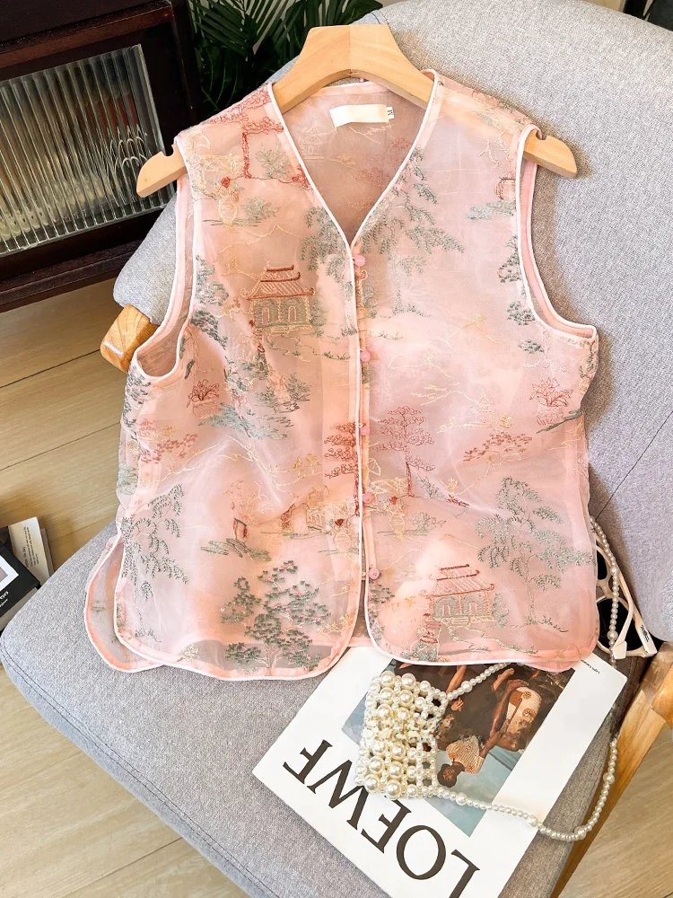 

Розовый вышитый европейский тюлевой жилет, женская летняя легкая верхняя одежда в стиле ретро, одинаковый топ Jaet, круглый топ на одной пуговице