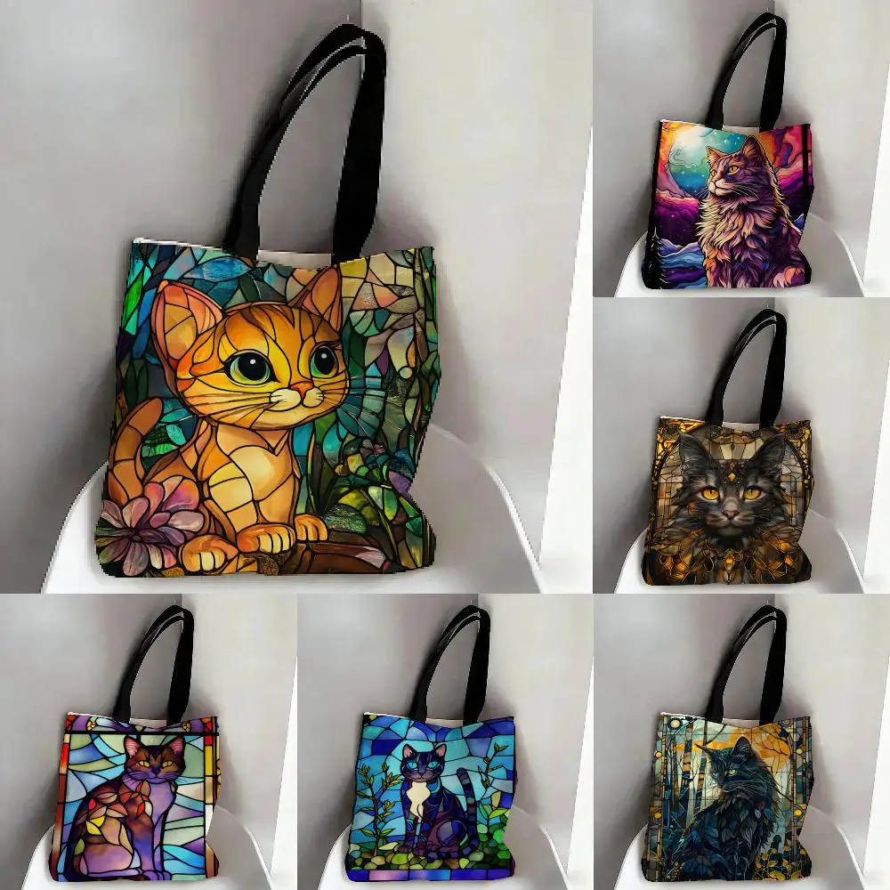 Stained Glass Cat Storage Bags Canvas Double-Sided Print Fashion Shoulder Tote Shopping Bag Gift Eco Handbags