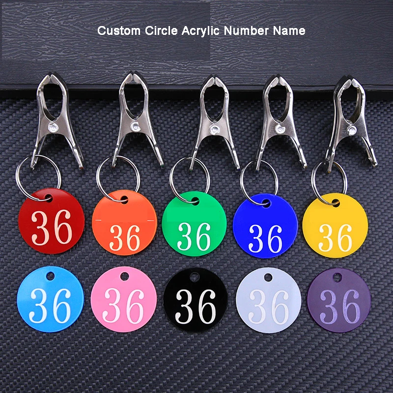 Custom Color Acrylic Circle Personal Name Number Tag With Clip Acrylic Label Waterproof Name Customization