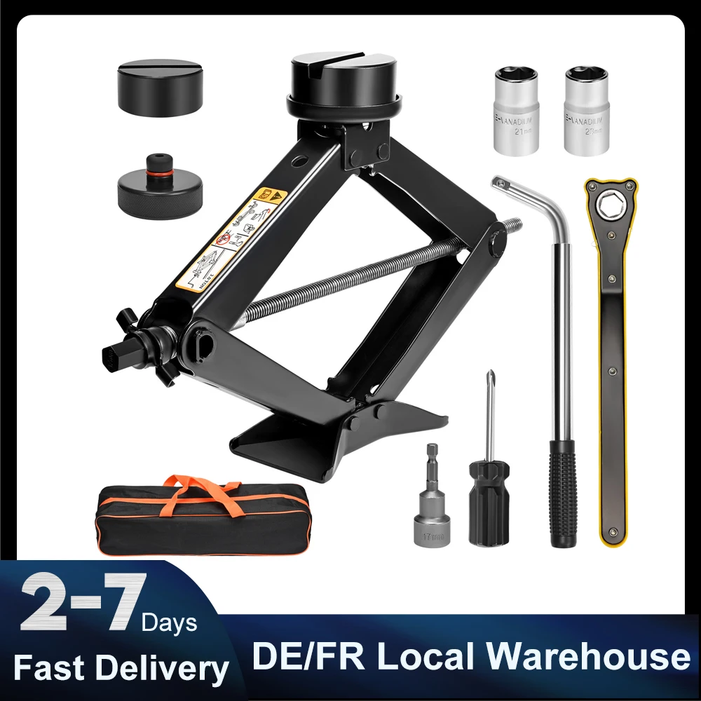 Kit de cric à ciseaux 3 tonnes avec adaptateur pour perceuse électrique, clé à écrous, patins de cric en caoutchouc, outils de changement de pneus pour voitures, VUS, monospaces