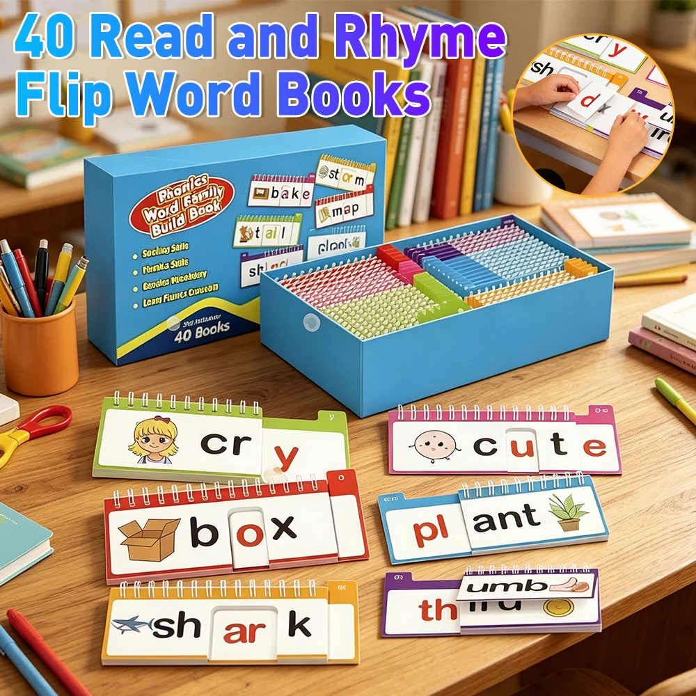 ワードファミリービルドブック40冊-読み聞かせ用韻合わせフリップブック-フォニックス学習用フラッシュカード-視覚単語フラッシュカード-キッズフリップブック