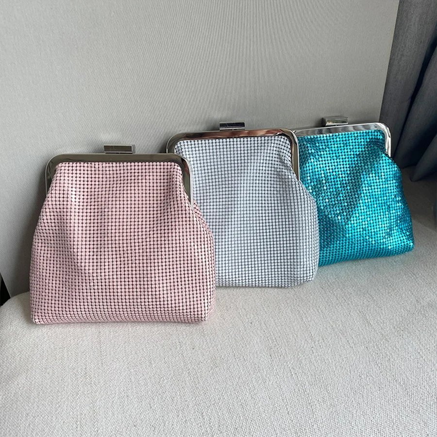 Simple Solid Color sequin dinner Bag Women\'s Chains shoulder crossbody bags metal Mesh Clutch purse party Dress Banquet handbags