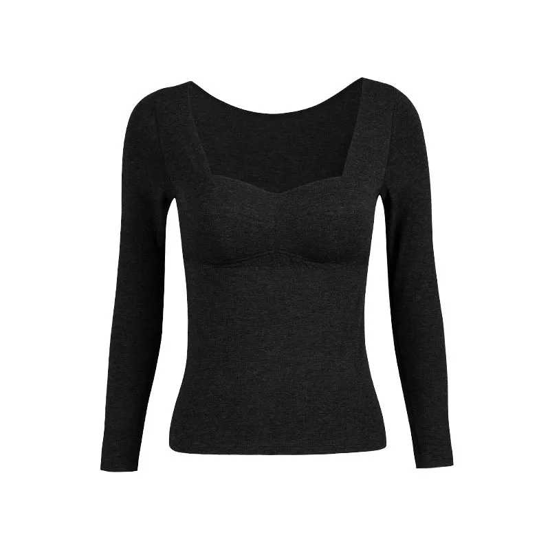 MadBlack-Silk Blend Elegant Knit T-Shirt, Square Collar With Padded Cups, Women Versatile Bottom Top, 2026 Autumn New T66845CC