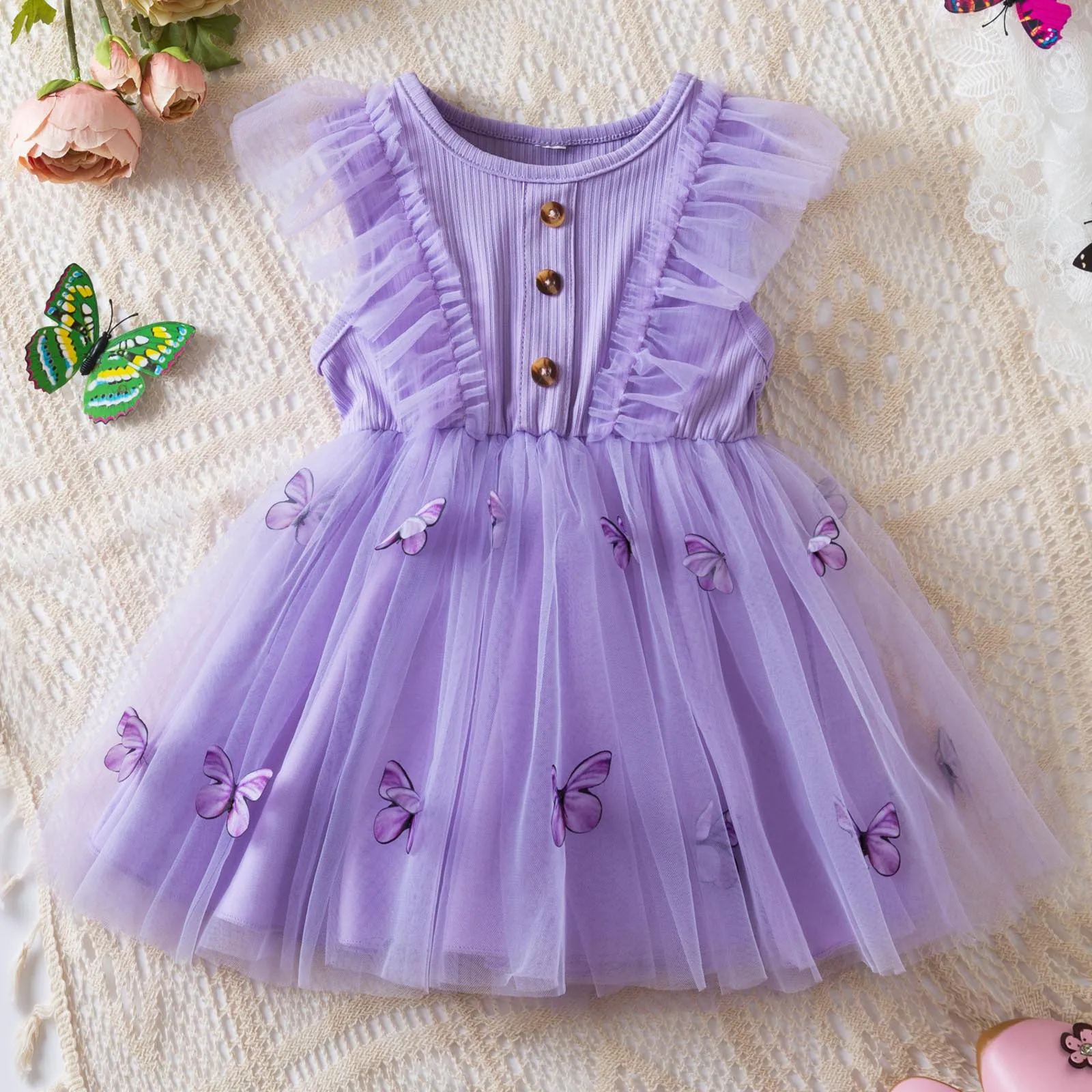 

1-5Yrs Girls Princess Dress for New Butterfly Mesh Flying Sleeve Dress Kids Dresses 2025 Cute Girls Summer Patchwork Tulle Dress