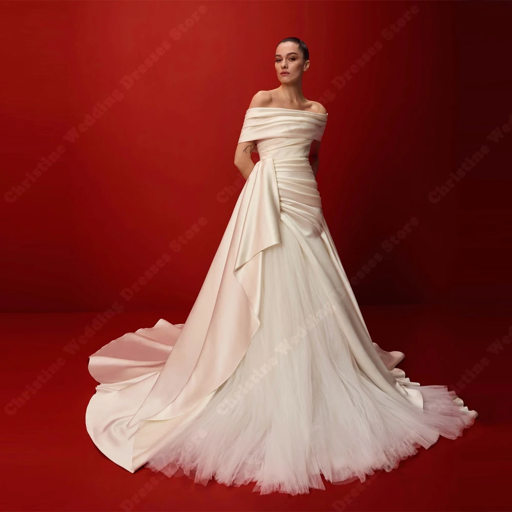 Elegante Satin Frauen Brautkleider Sexy Weg Von Der Schulter A-Line Braut Kleider Wischen Länge Prinzessin Vestido De Novia Angepasst