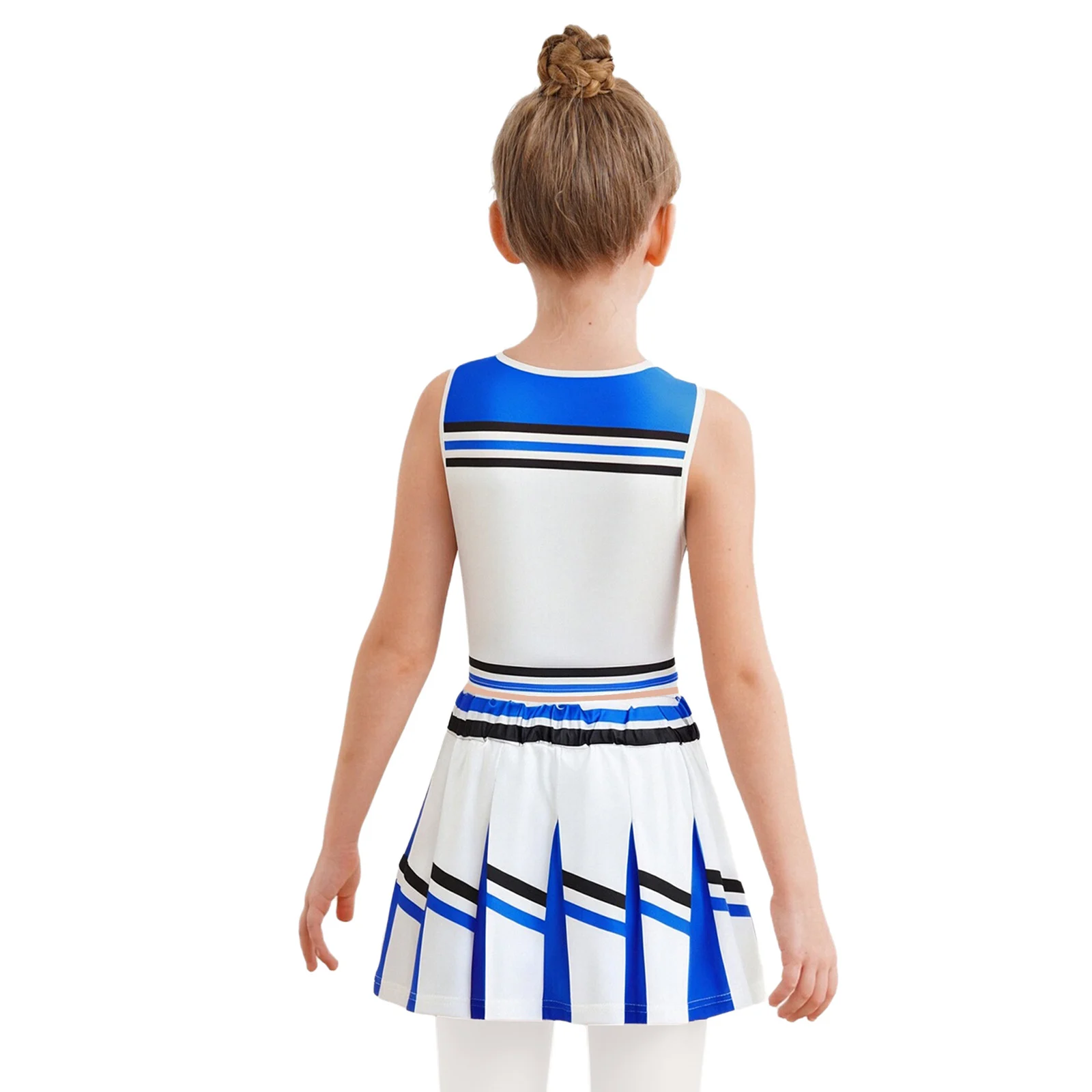 Kids Girls Cheer Leader Costume Cheerleading Uniform Print Top And Matched Pleated Skirt for School Celebration Sports Meeting