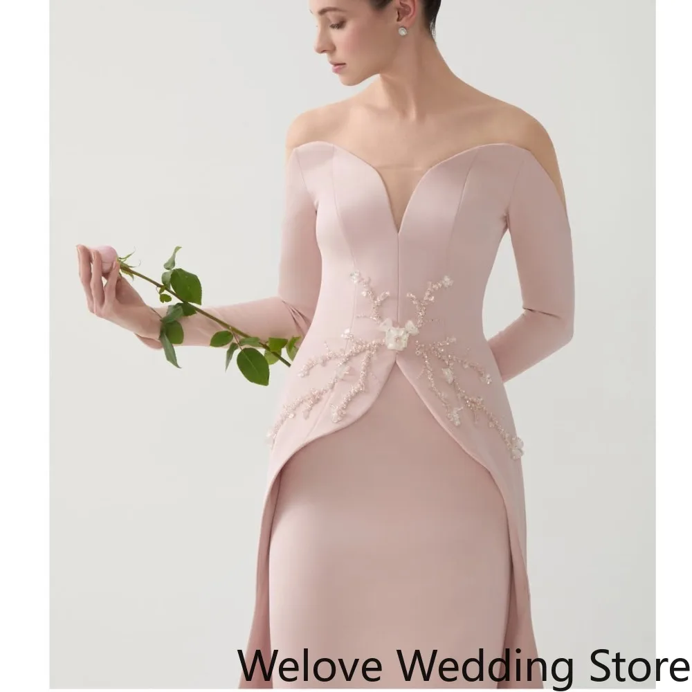 Elegant Formal Evening Dress with Off‑Shoulder Sweetheart Neckline, Long Sleeves, Hand‑Beaded Floral Embellishments on Waist
