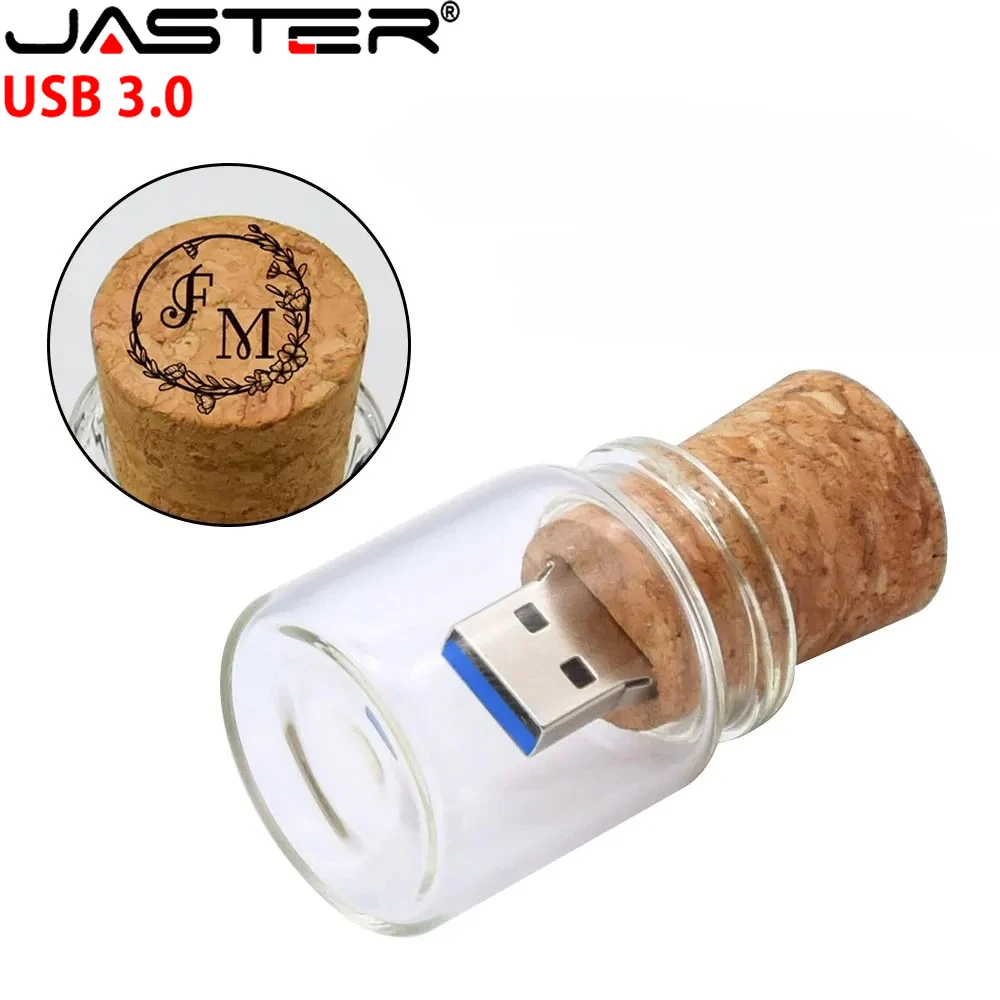 JASTER 100% capacidad real USB 3,0 unidad Flash 128GB botella de vidrio con corcho Pendrive logotipo personalizado gratis memoria Stick regalo de boda