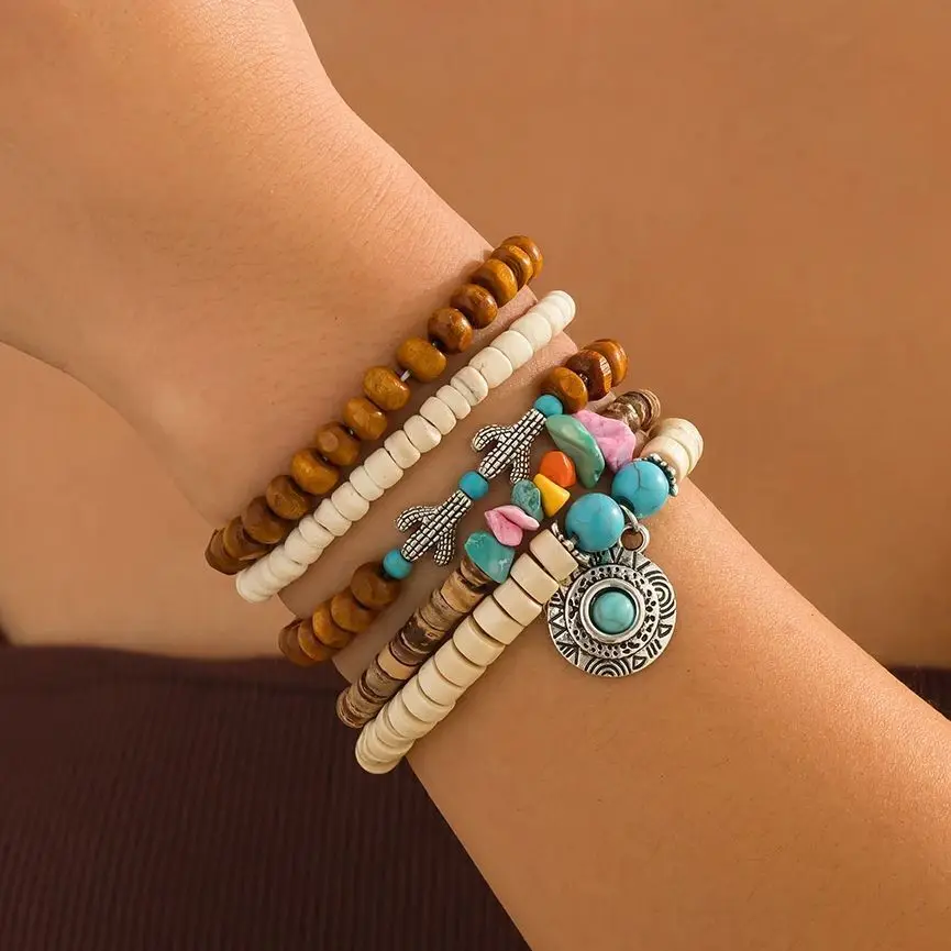 

Lacteo Bohemia Mixed Color Multi Piece Set Bracelet Women Wooden Pearl Coconut Shell Colored Imitation Turquoise Alloy Bracelet