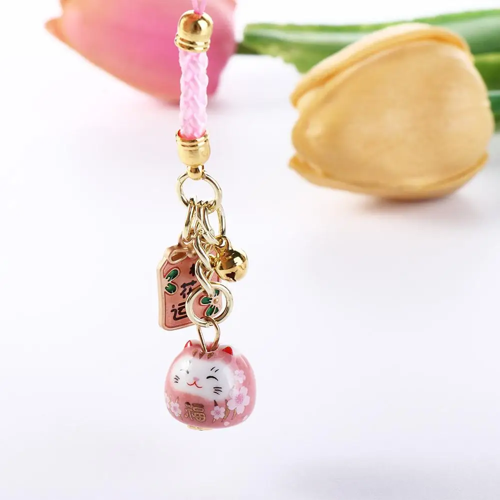 Japanese Maneki Neko Smart Phone Strap Lanyards phone Samsung Decoration Sakura Cat Mobile Rope Key Chains Girls Phone Charm