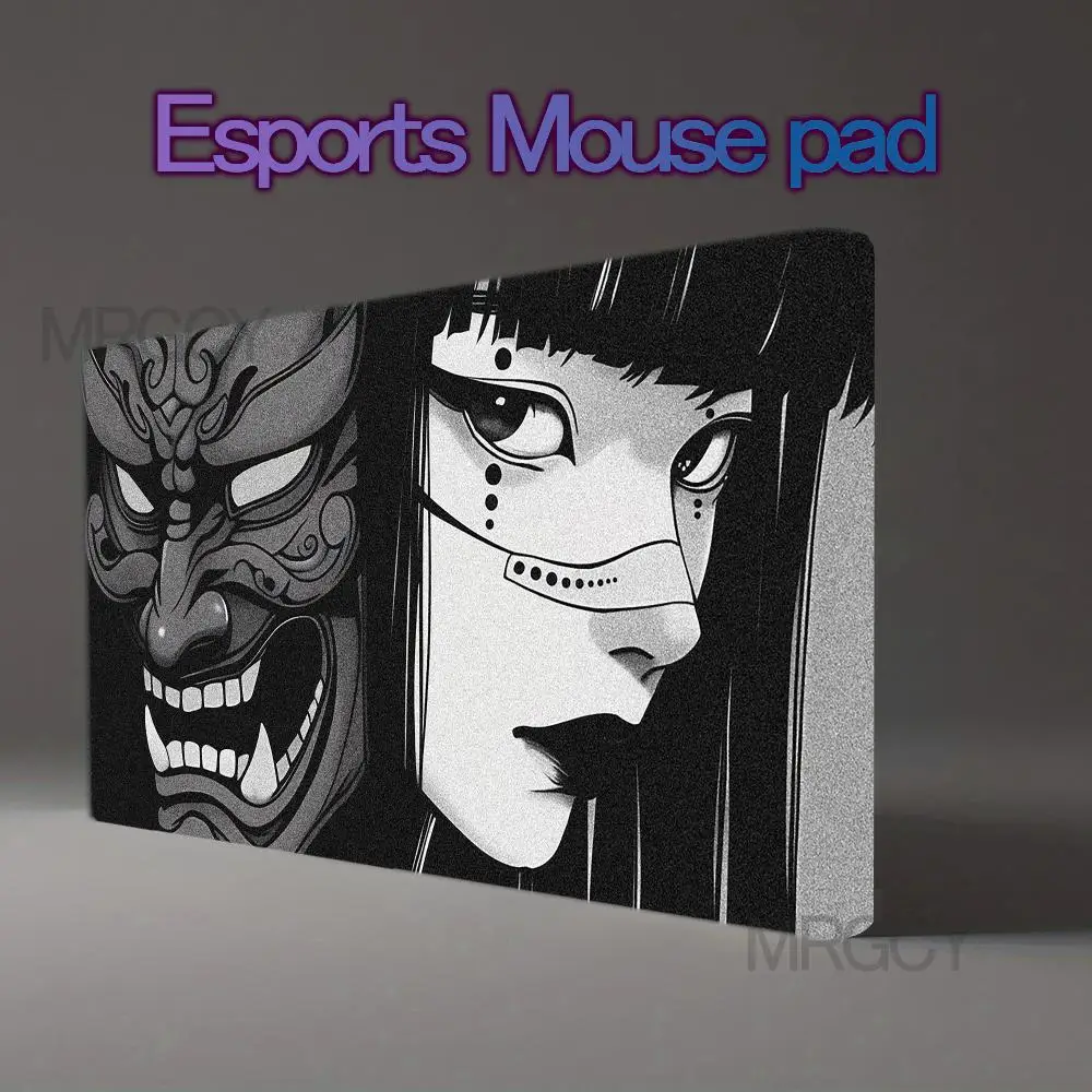 Black‑White Japanese Anime Girl TCG Playmat Hannya Oni Demon Mask Monochrome Manga Street Art Non‑Slip Desk Mat for Card Game