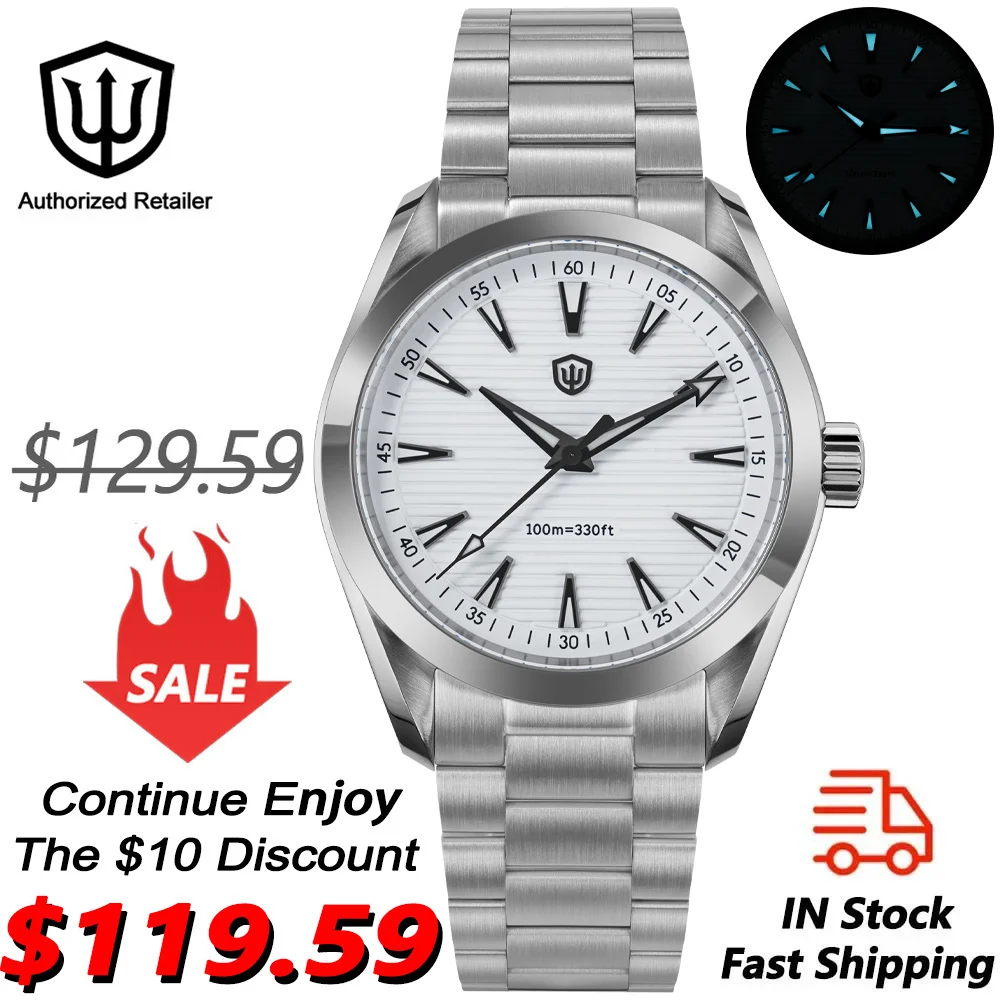 

Часы Watchdives WD0006 VH31 с секундным механизмом, куполообразным сапфировым стеклом BGW9, светящиеся, 10 бар, водонепроницаемые, 38 мм, винтажные часы