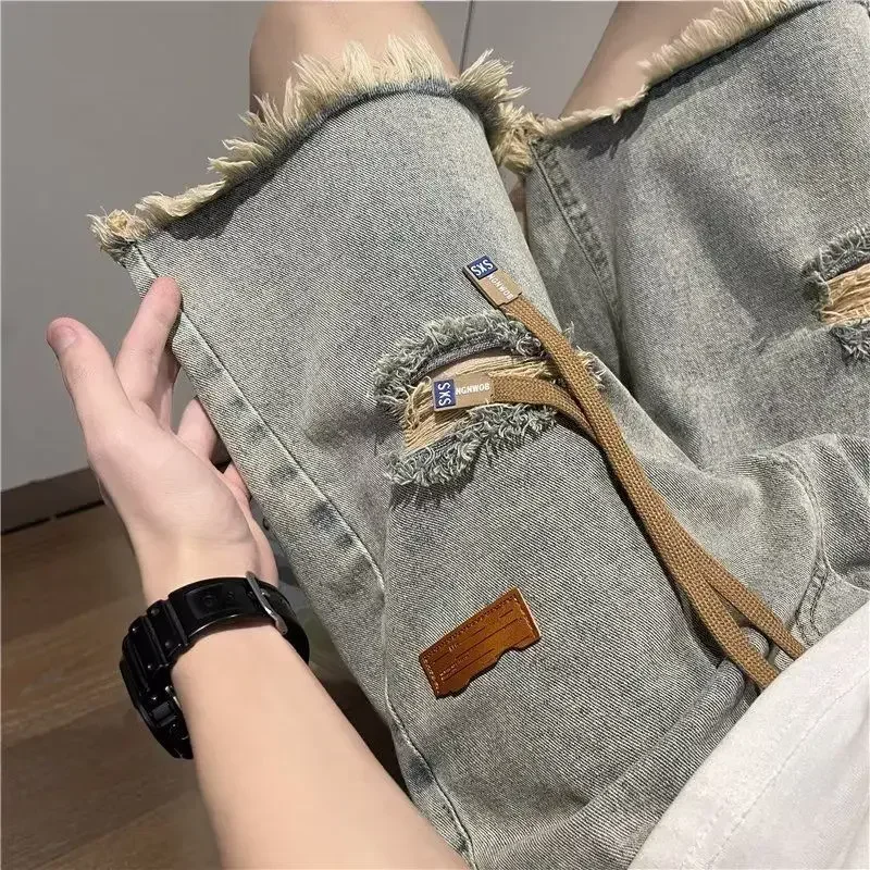 Man Denim Shorts Selvedge Drawstring Ripped Short Jeans Pants for Men Korean Fashion Summer Buttons Jorts Xxxl Trend 2024 New In