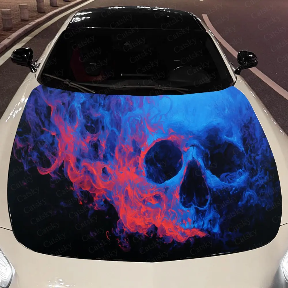 

Striking Two - Tone Flame Skull Auto Cover Sticker, Waterproof and Self-adhesive Auto Hood Decal, Auto Vinyl Wraps, Cool Car Ext