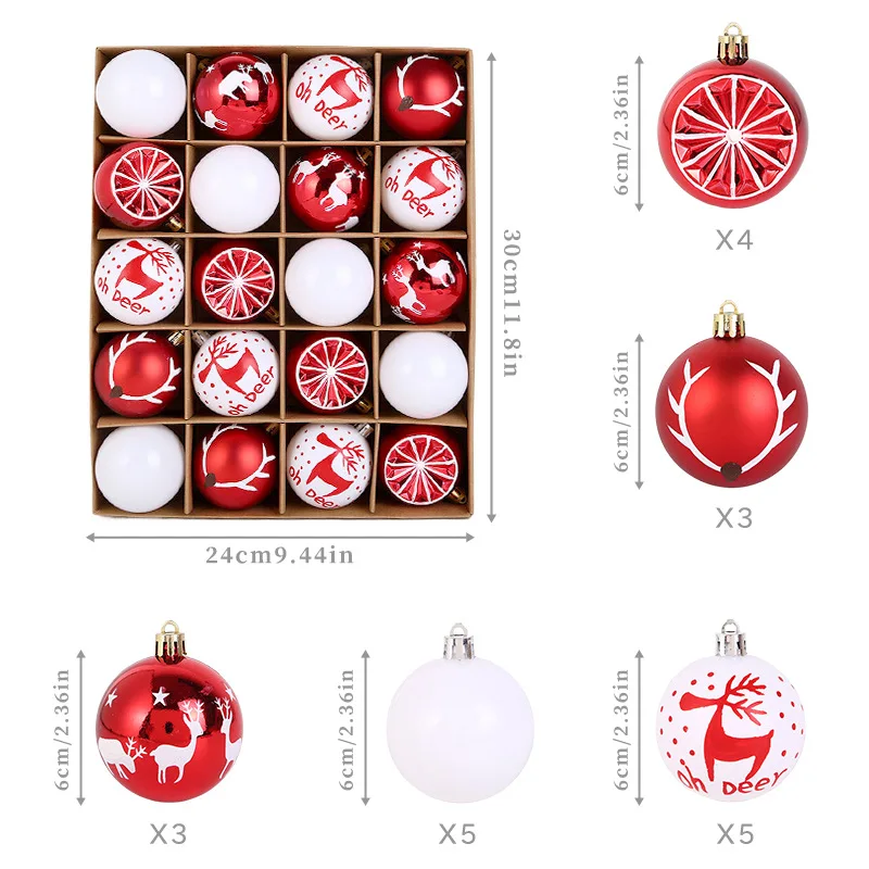 

20 шт., украшение в виде рождественского шара, 6 см, белые, красные, золотые безделушки, подвесная подвеска на елку для Navidad Noel, украшения для рождественской вечеринки
