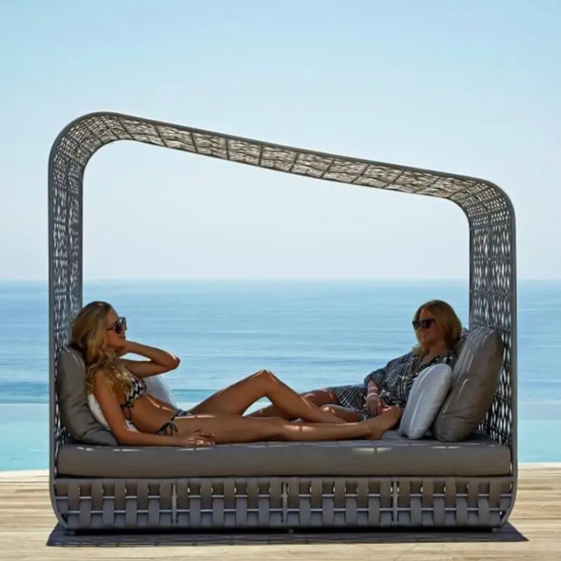 

Outdoor Rattan Swimming Pool Recliner Furniture Day Beds Rattan Beach Sunbed Sun Chaise Lounger with Canopy