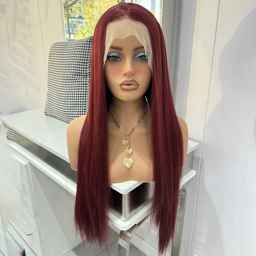 

99j Бордовый Мягкий Длинный 26-дюймовый шелковистый Прямой Парик Фронта Шнурка Для Чернокожих Женщин Предварительно Сорванные Бесклеевые Детские Волосы Ежедневно