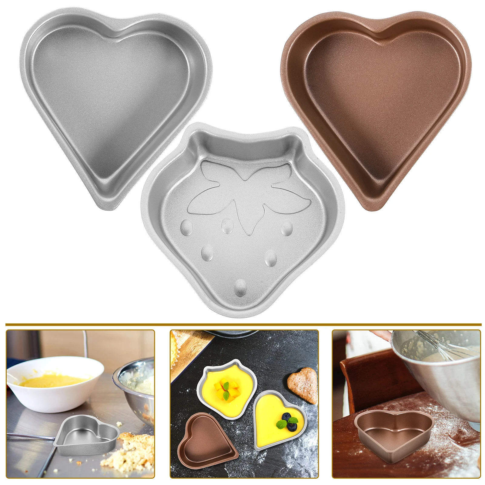

3Pcs Baking Pan Cake Tins Heart Strawberry Shape Non-Stick Mold for Jelly Pudding Cake Tins Baking Molds