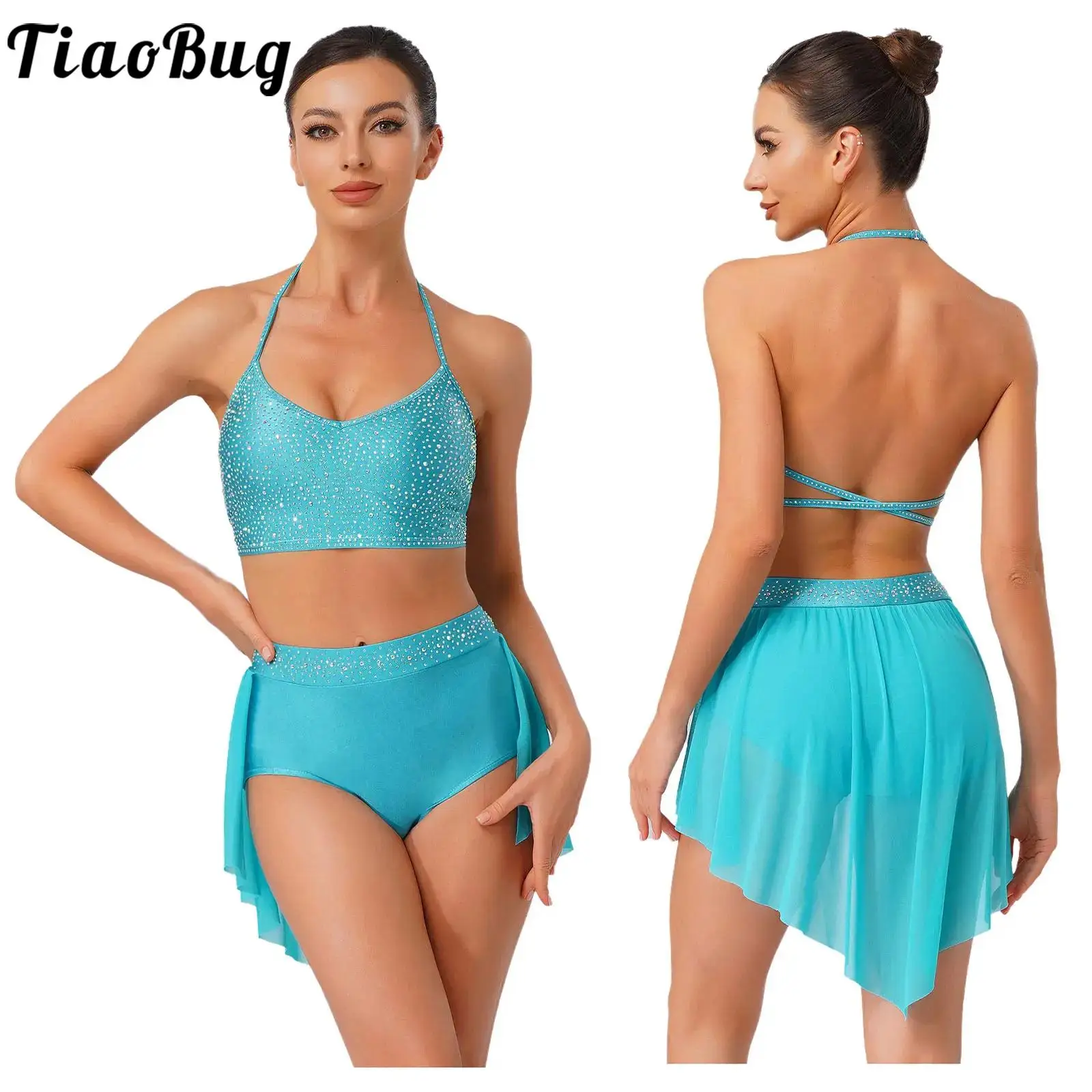 

Women Glittery Rhinestones Figure Skating Lyrical Dance Outfit Backless Camisole Top And Shorts with Mesh Skirted Gymnastic Sets