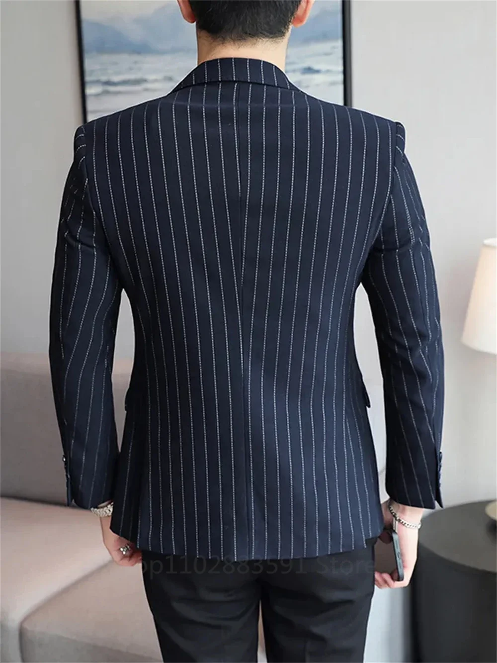 1 Piece Pinstripe Men\'s Suit Slim Fit for Formal Wedding Tuxedo Notched Lapel Navy Blue Striped Business Groom Male Fashion