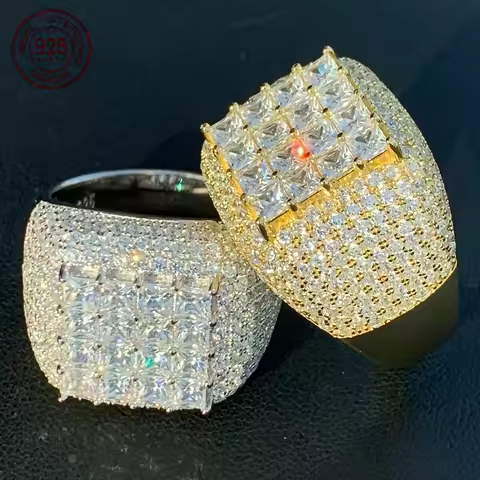 Sparkling Baguette Cut 925 Silver Rings For Men 18K Gold Plated Luxury Square Hugu Ring Male Hip Hop Punk Wedding Jewelry