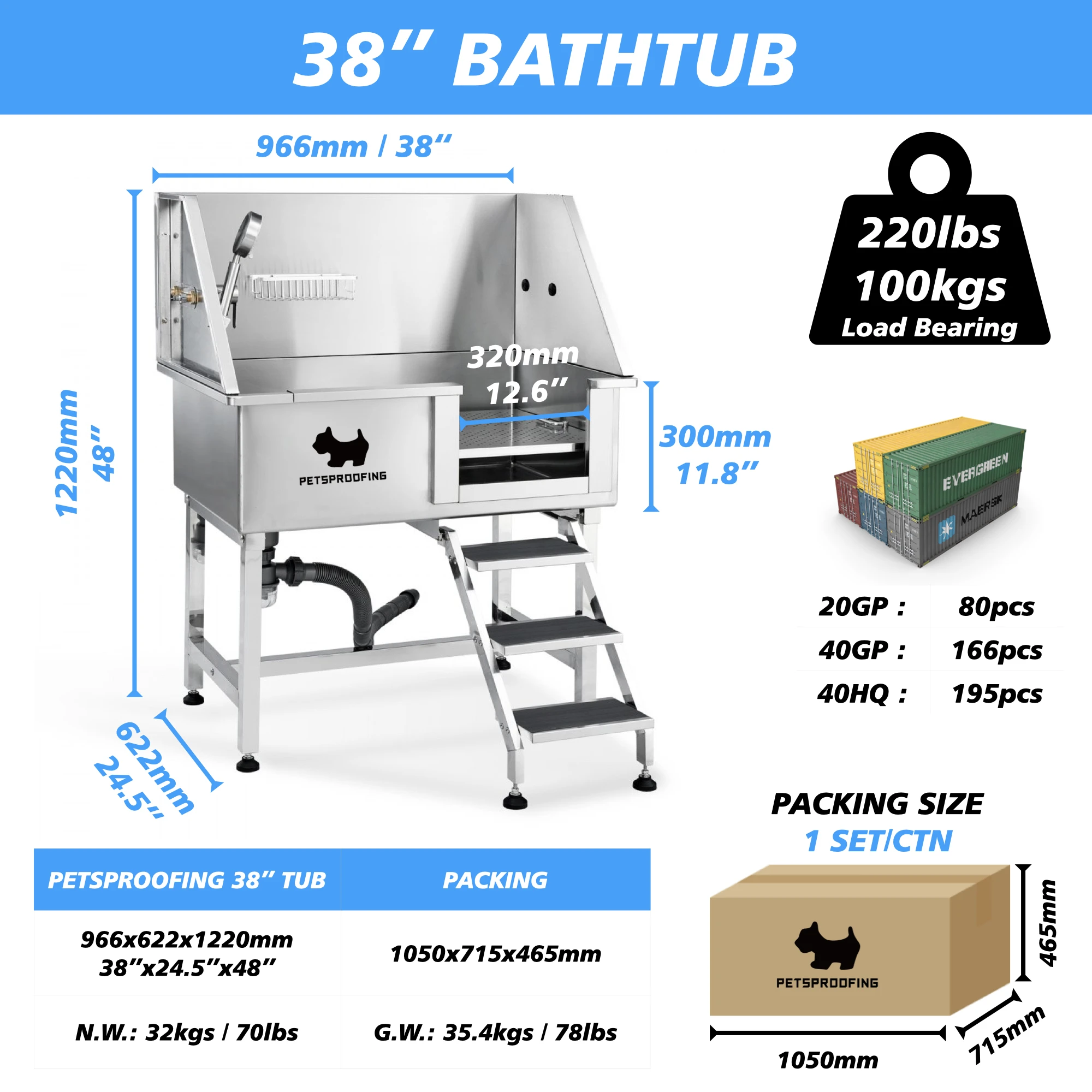 Eco-friendly 38'' Anti-Rust Dog Wash Station Indoor Outdoor Stainless Steel Pet Grooming Bath Tub for Mobile Bathing