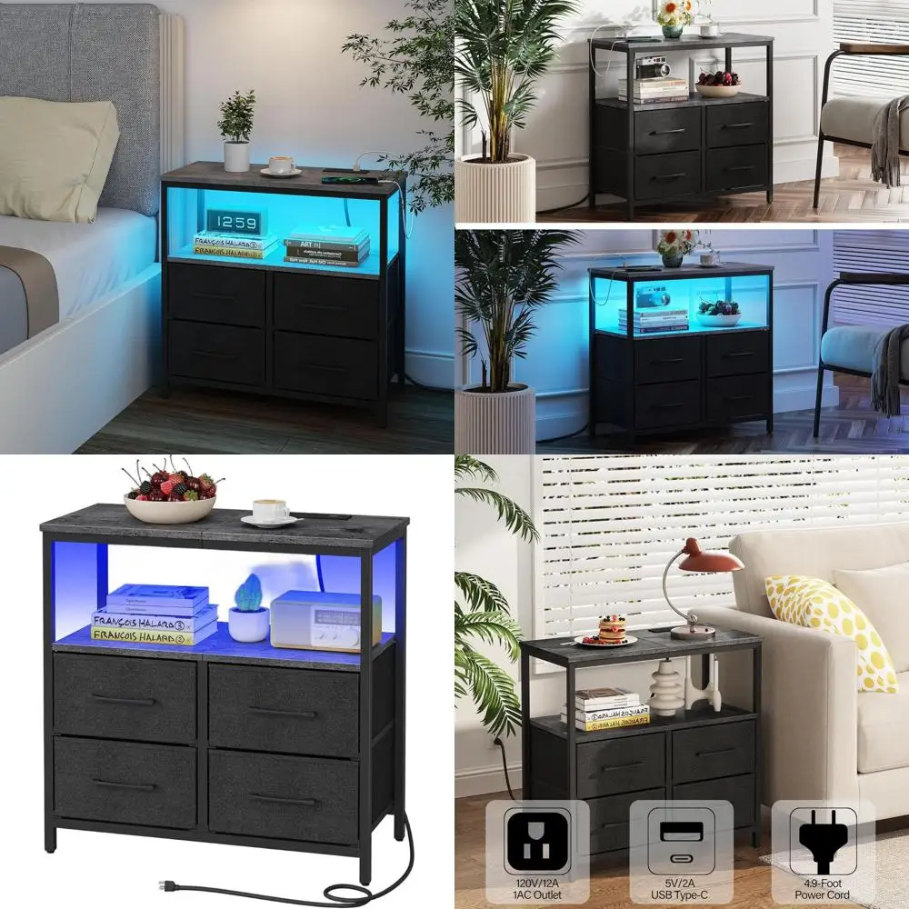 

Charcoal Grey Nightstand with USB & Type-C Charging, Large Bedside Table for Living & Bedroom, Cloth Drawer End Table TB01BY081L