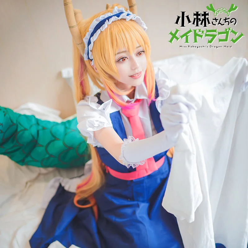 Anime Miss Kobayashi smocza pokojówka Tohru Cosplay kostiumy kobiety Lacauch Kobayashi przyjęcie świąteczne pokojówka kostium peruka ogon