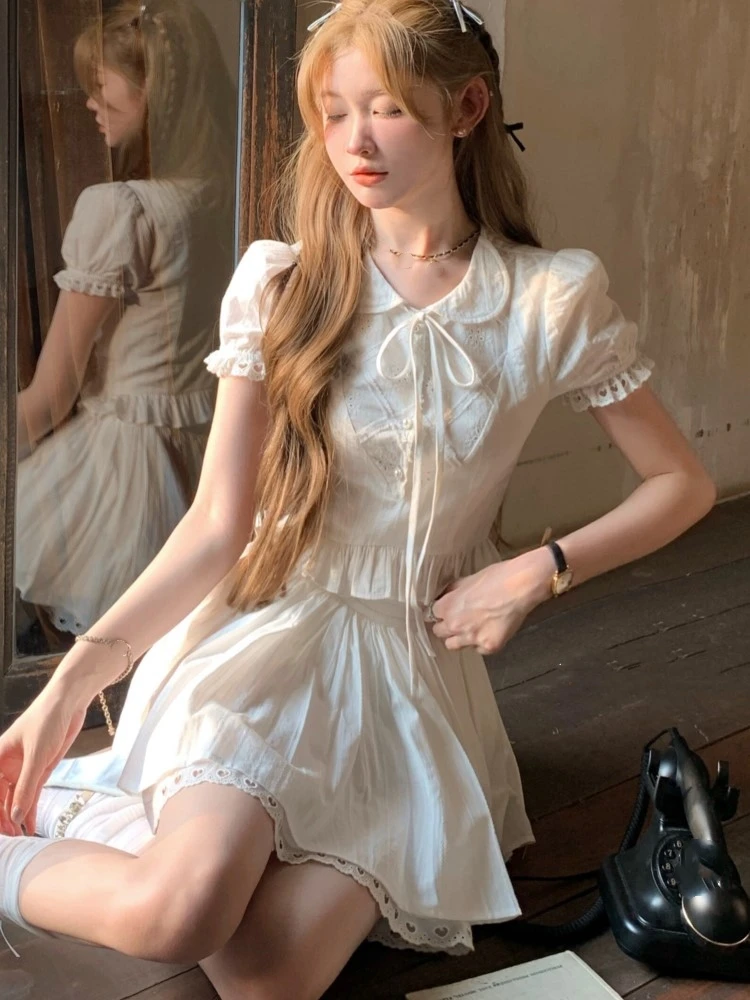 

Y2K Two-piece Skirt Set Women Puff Sleeve Kawaii Shirt Ruffles A-line Lace Mini Skirt Korean Fashion Casual Summer Solid Suit