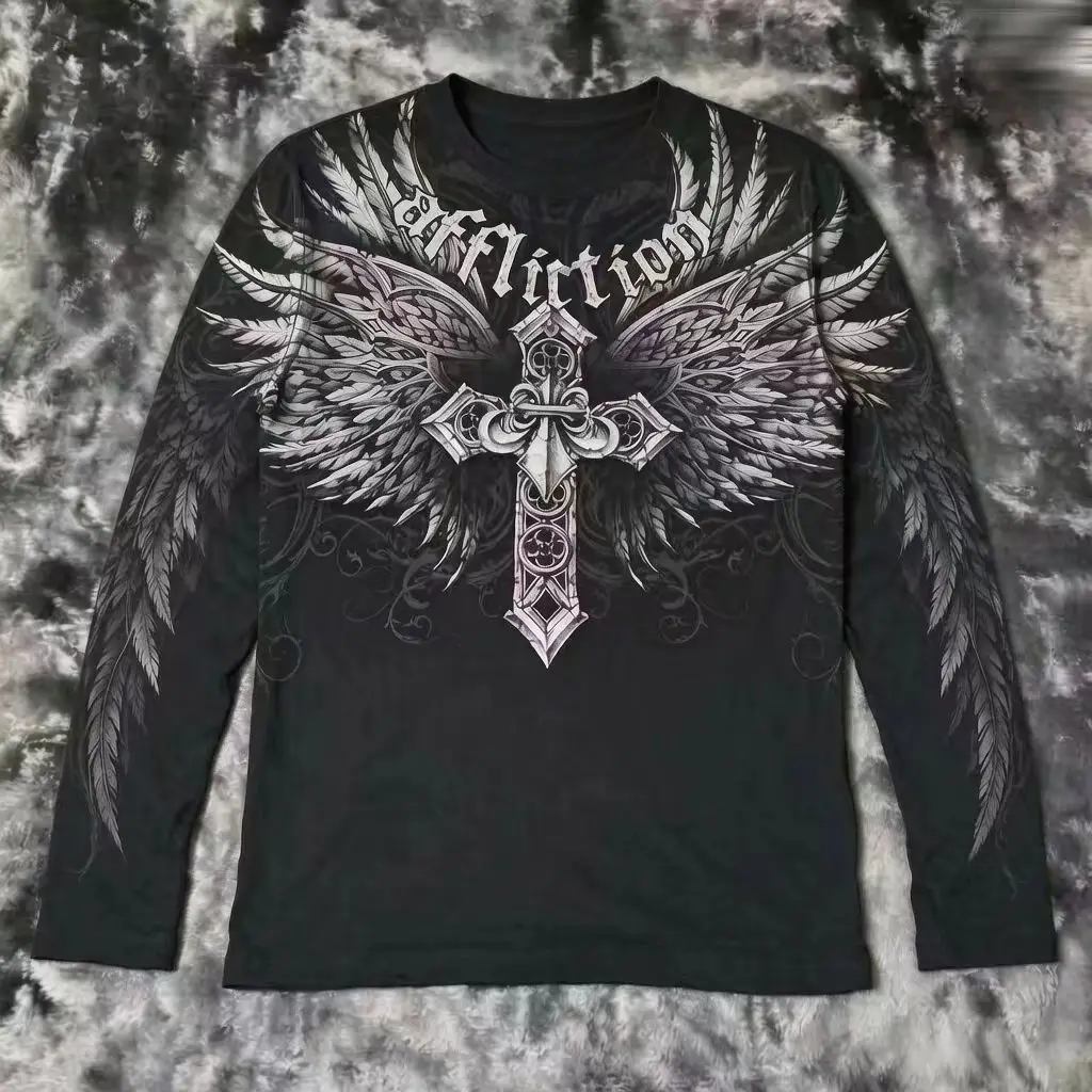 2000s Affliction T-Shirt Vintage Clothing Punk Hip Hop Graphic Print Oversized T Shirt Men Round Neck Polyester Long Sleeve Top