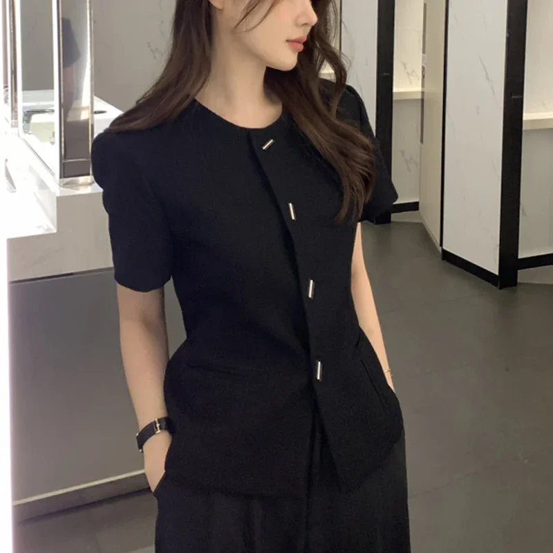 معطف أنيق على الطراز الفرنسي للنساء عتيق ذو نهاية عالية ورقبة دائرية يناسب الجميع في الصيف للتخسيس وأكمام قصيرة للسيدات #5