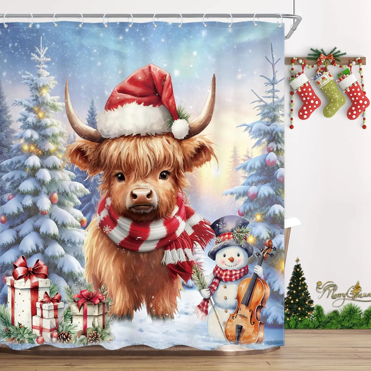 

Christmas Highland Cow Shower Curtain Snowman Violin Gift Tree Design Holiday Theme Festive Decor Waterproof Fabric Xmas