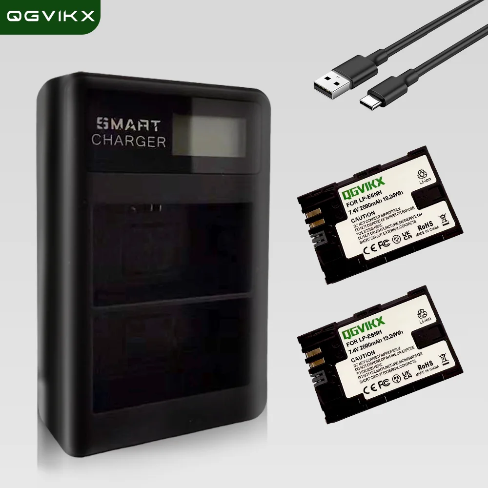 7.4V 2600mAh LP-E6NH Battery and LED Dual Charger for Canon EOS R7 R6 R5, 6D Mark II, 5D Mark II/III/IV, 5DS, 90D 80D 70D 60D