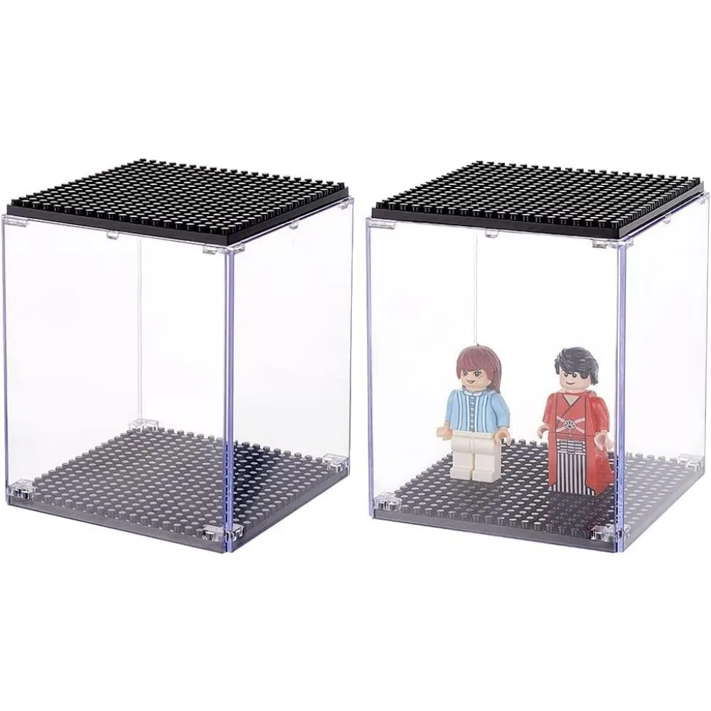 2 Pcs Acrylic Stackable Model Display Case Minifigures Building Block Display Case with Black Base 3x3x4 inch Dustproof Showcase