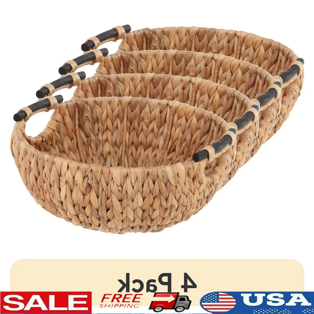 

4 Pack Woven Water Hyacinth Decorative Bowl with Handles Storage Centerpiece Home Decor Kitchen Dining Table Coffee Table