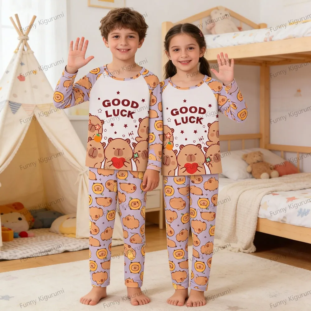 Spring Autumn Kapibara Long Sleeve Kids Sleepwear Children's Cartoon Loungewear 3 to 14 Years Toddler Teen Pyjamas Homewear